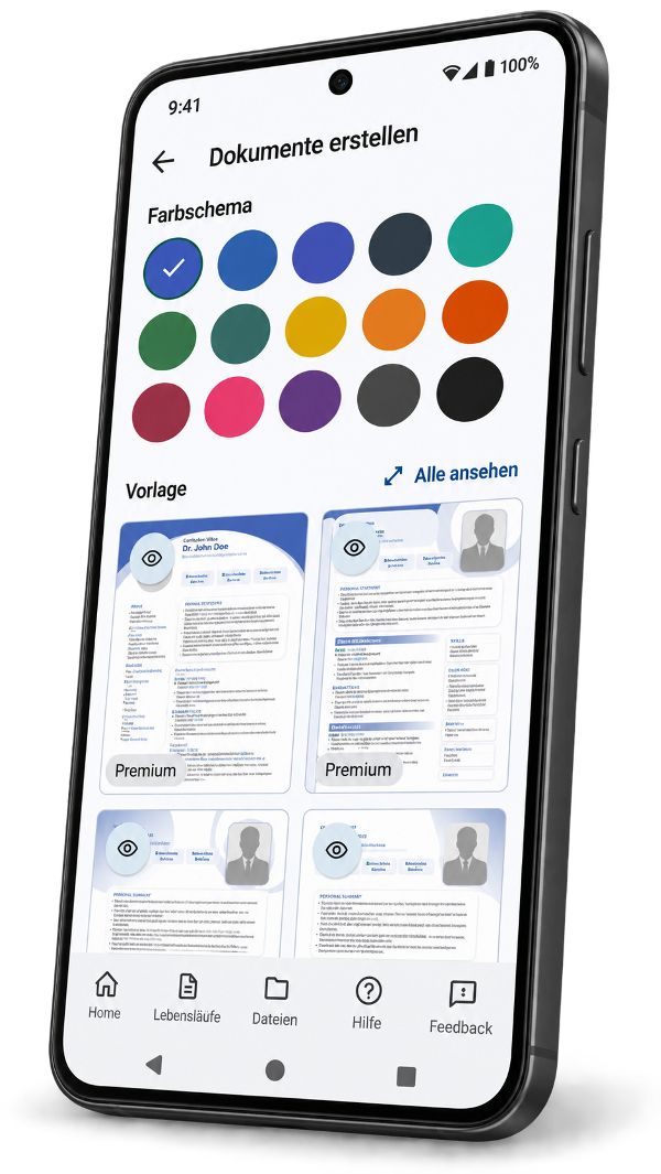 Vorlagen- und Farbauswahl der Bewerbungsmappe auf einem Smartphone