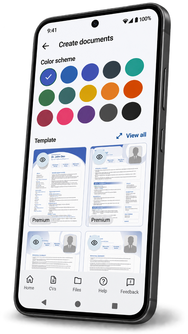 Application Portfolio template and colour selection on a smartphone