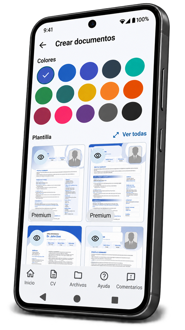 Selección de plantilla y colores en Carpeta de candidatura en un smartphone