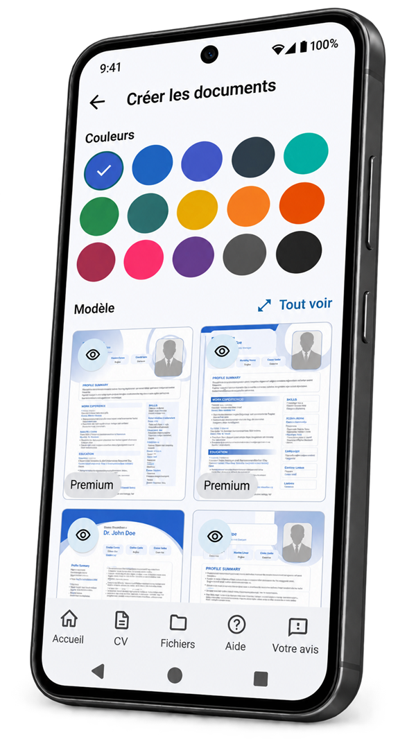 Choix du modèle et des couleurs dans Dossier de candidature sur un smartphone