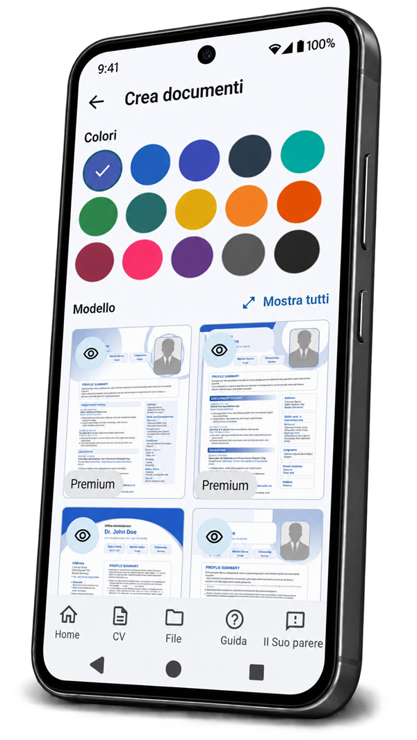 Selezione del modello e dei colori in Dossier di candidatura su uno smartphone