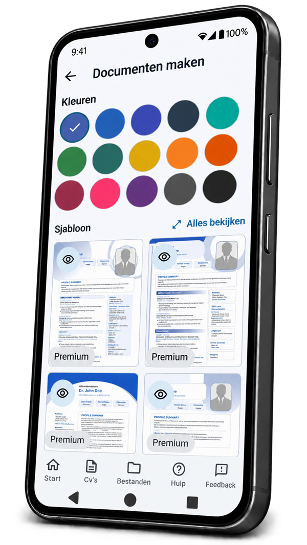 Keuze van sjabloon en kleuren in Sollicitatiemap op een smartphone