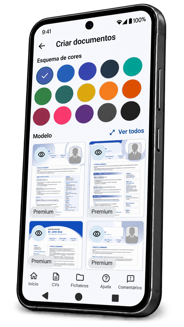 Escolha de modelo e cores na Pasta de candidatura num smartphone